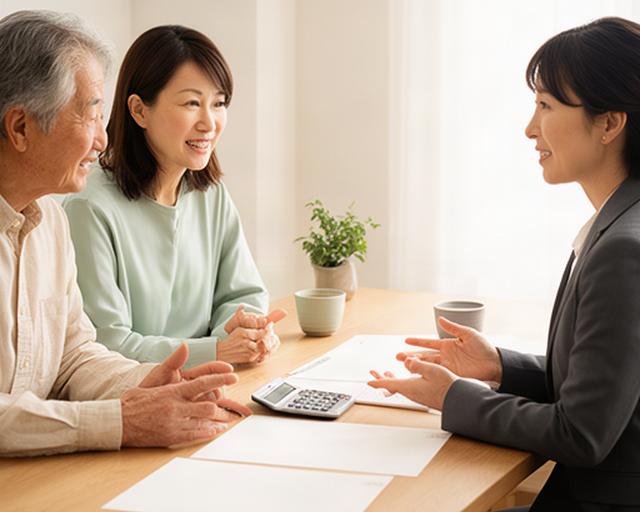 年金受給見込みを確認する夫婦と相談員の資料